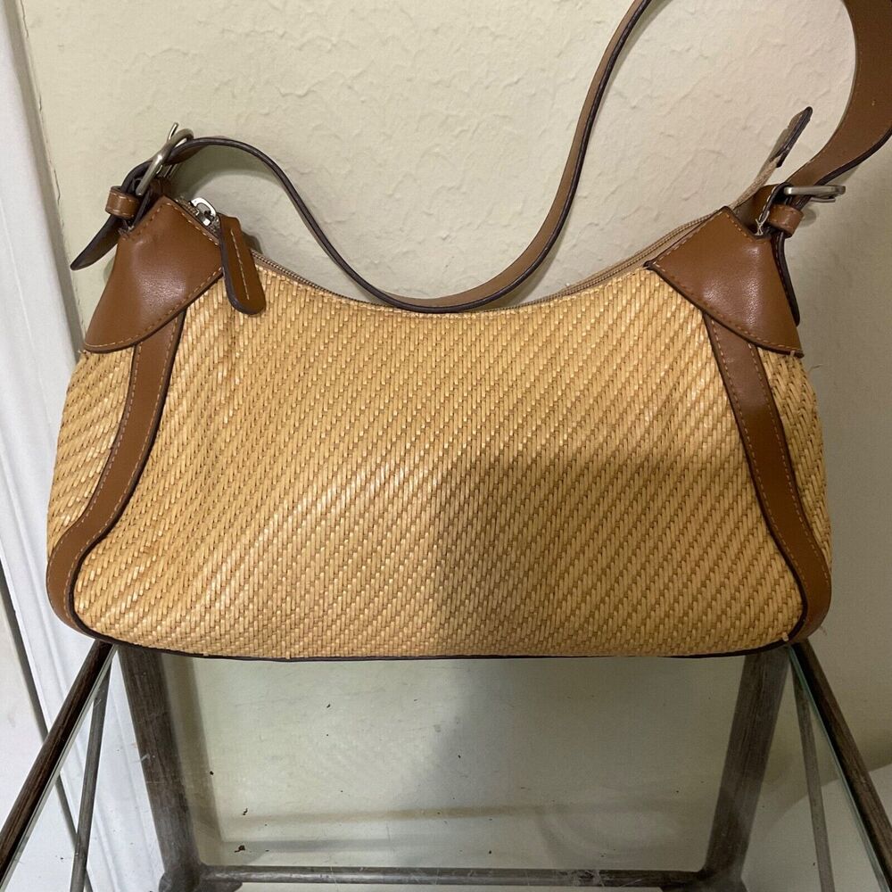 Fossil Woven Straw Baguette Handbag in Cream/Tan One Size striped liner - Picture 5 of 16